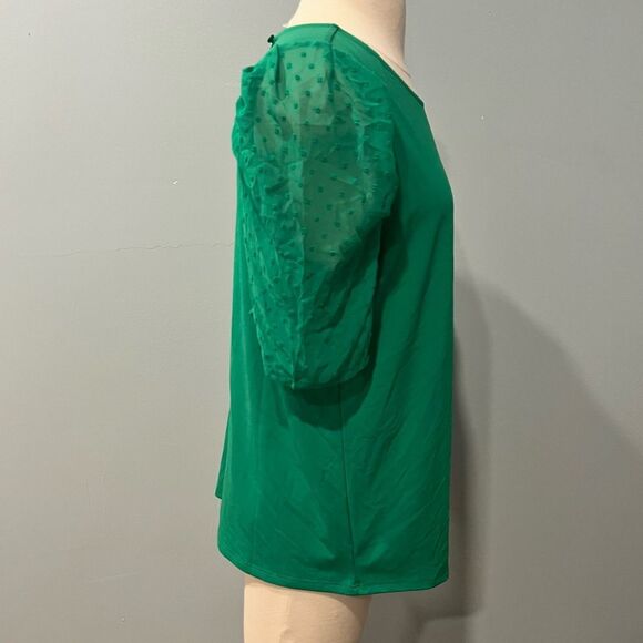 NWT Adrianna Papell Vivid Green Pleated Clip Dot Sheer Sleeve Top Size Large - Picture 5 of 7